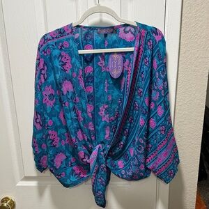 📦✈️Women's Floral Wrap Blouse - Teal and Magenta